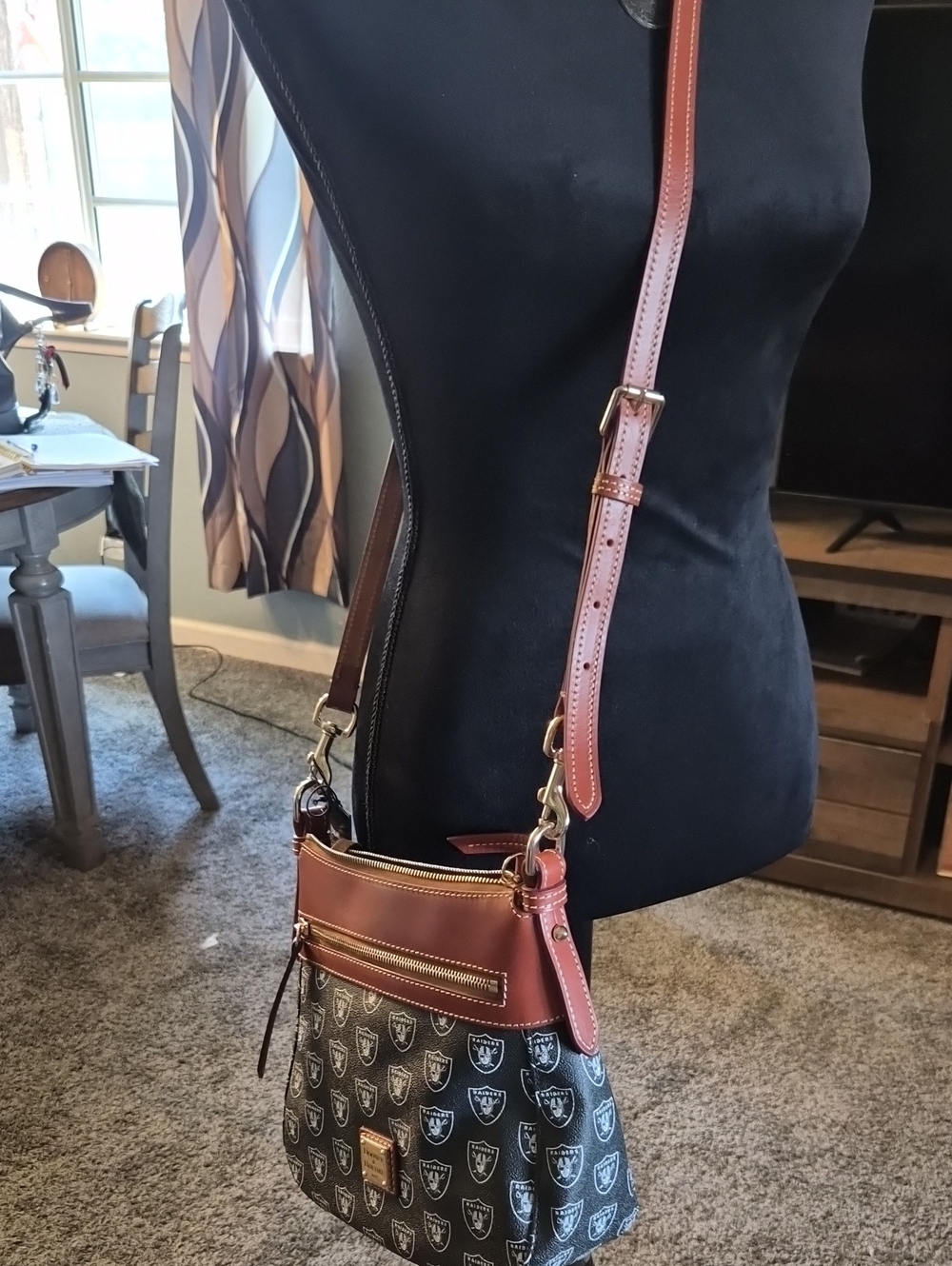 Dooney & Bourke Black Shield-Print Crossbody with Brown Trim
